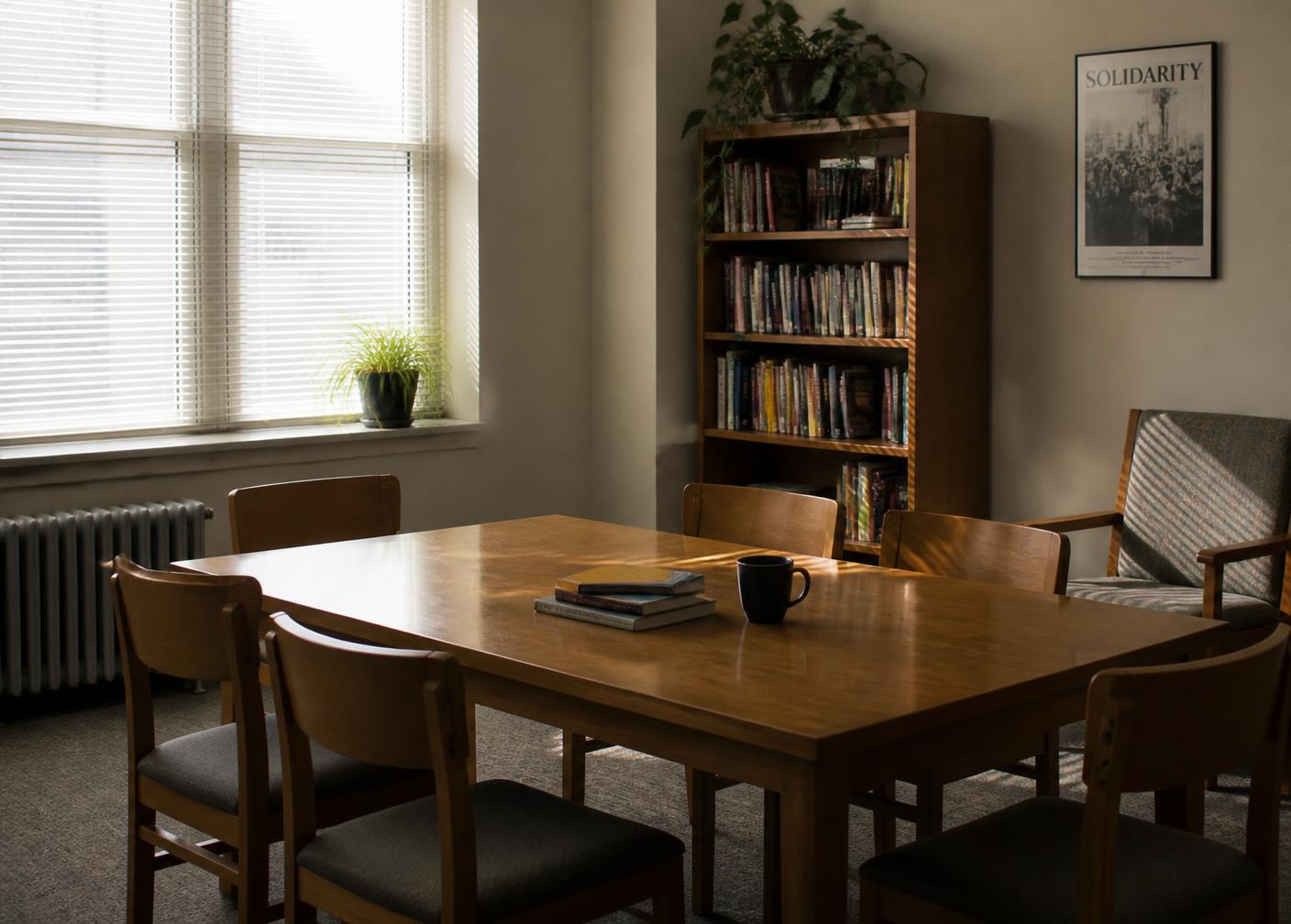 Quiet common room with a wooden table, chairs, and a bookshelf in morning light
