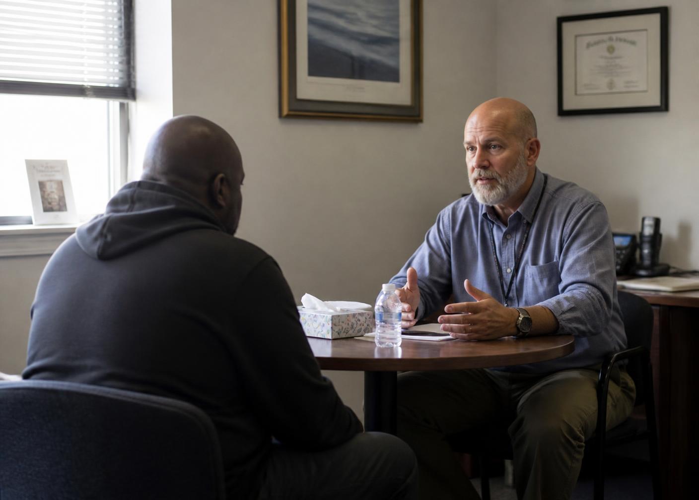 A counselor and a client talking across a small table in a plain office
