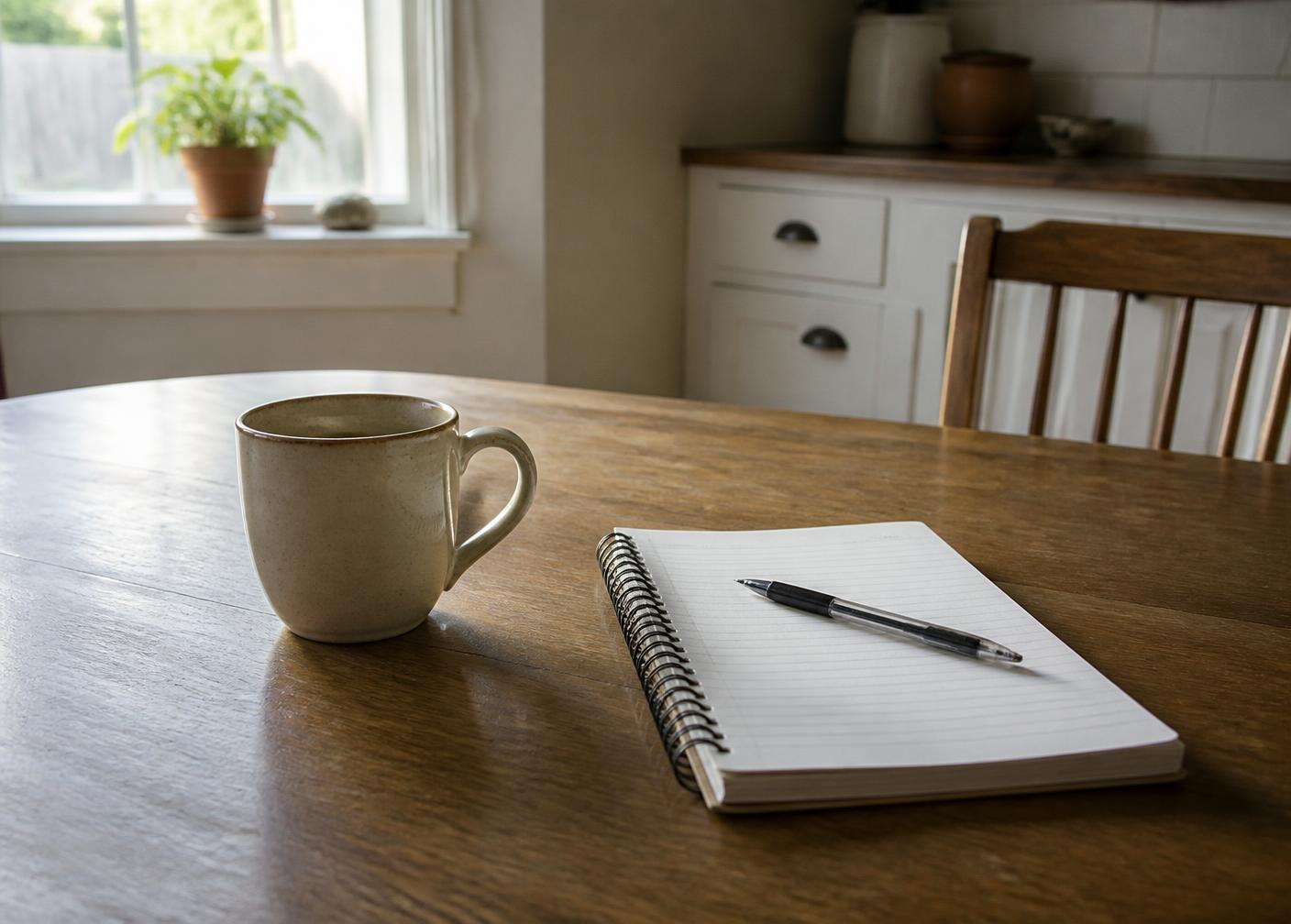A coffee mug and open notebook on a kitchen table in morning light