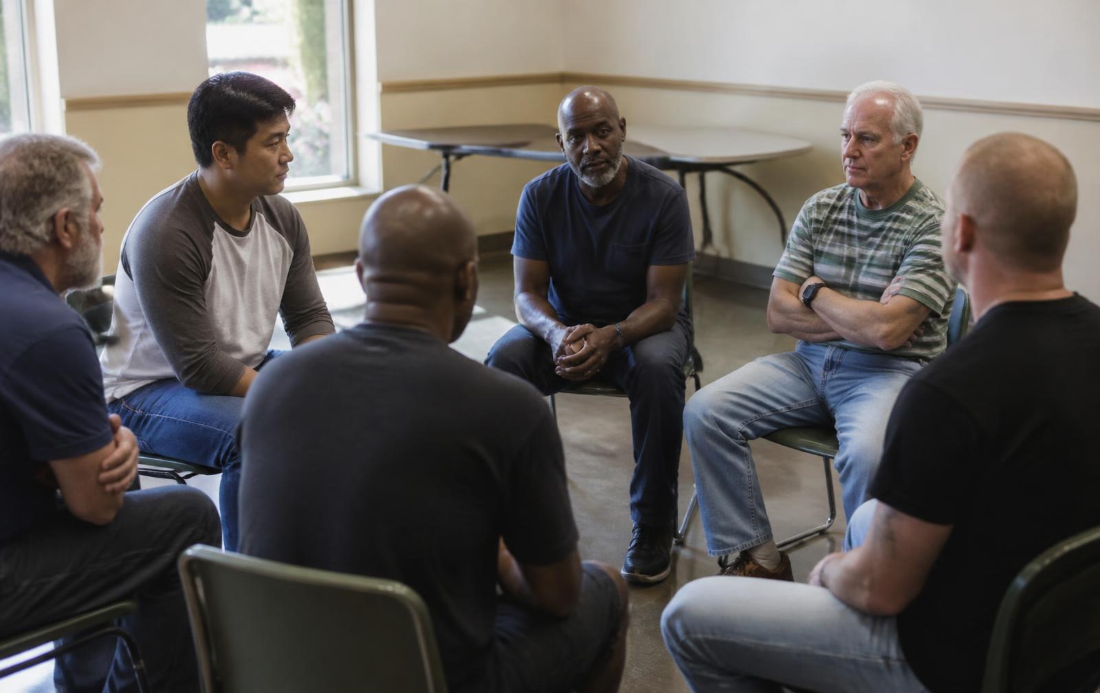 Adult men seated in a circle of chairs during a group therapy session